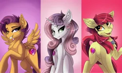 Size: 4096x2465 | Tagged: safe, alternate version, artist:disarrayedfay, derpibooru import, part of a set, apple bloom, scootaloo, sweetie belle, earth pony, pegasus, pony, unicorn, the last problem, all in one, chest fluff, clothes, cutie mark, cutie mark crusaders, ear fluff, female, goldie delicious' shawl, grin, image, jpeg, looking at you, mare, missing accessory, older, older apple bloom, older cmc, older scootaloo, older sweetie belle, raised eyebrow, raised hoof, shawl, smiling, smiling at you, spread wings, the cmc's cutie marks, trio, triptych, wings