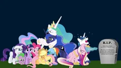 Size: 3264x1836 | Tagged: safe, artist:autiboysam, derpibooru import, applejack, fluttershy, pinkie pie, princess cadance, princess celestia, princess flurry heart, princess luna, rainbow dash, rarity, shining armor, spike, twilight sparkle, alicorn, dragon, earth pony, pegasus, pony, unicorn, applejack's hat, clothes, cowboy hat, crown, crying, eyes closed, female, gravestone, hat, horn, hug, image, implied death, jewelry, lying down, magic, male, mane seven, mane six, mare, moon, multicolored hair, png, prone, rainbow hair, raised hoof, regalia, rest in peace, sad, shoes, sitting, sparkles, stallion, stone, sun, text, unicorn twilight, wings