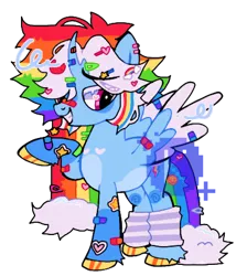 Size: 400x446 | Tagged: safe, artist:keyeii, rainbow dash, alicorn, pony, accessories, alicornified, bandaid, base used, coat markings, colored hooves, colored wings, curved horn, female, hair over one eye, hairpin, horn, image, leg warmers, mare, obtrusive watermark, png, race swap, rainbowcorn, redesign, simple background, smiling, solo, transparent background, watermark, wings