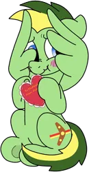 Size: 536x1033 | Tagged: safe, artist:bishopony, artist:didgereethebrony, derpibooru import, oc, oc:didgeree, pegasus, pony, base used, blushing, cute, cutie mark, embarrassed, frog (hoof), image, implied shipping, plush heart, png, shy, simple background, solo, trace, transparent background, underhoof