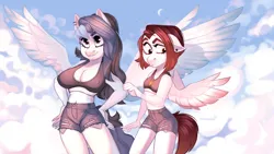Size: 960x540 | Tagged: oc name needed, suggestive, artist:vetamina, derpibooru import, oc, unofficial characters only, anthro, pegasus, anthro oc, belly button, breast size difference, cloud, ear piercing, earring, erect nipples, feather, female, image, jewelry, midriff, moon, nipple outline, pegasus oc, piercing, png, wing envy, wing size difference, wings