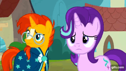 Size: 640x360 | Tagged: safe, derpibooru import, screencap, starlight glimmer, sunburst, pony, unicorn, season 8, the parent map, spoiler:s08, animated, duo, duo male and female, female, floppy ears, gif, gifs.com, glasses, image, male, mare, nose in the air, open mouth, shrunken pupils, stallion, volumetric mouth