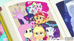Size: 640x360 | Tagged: safe, derpibooru import, screencap, applejack, bulk biceps, fluttershy, pinkie pie, rainbow dash, rarity, sci-twi, sunset shimmer, twilight sparkle, equestria girls, equestria girls series, forgotten friendship, abs, animated, applejack's hat, book, canterlot high, cap, clothes, cowboy hat, cutie mark, cutie mark on clothes, eyes closed, female, geode of fauna, geode of shielding, geode of sugar bombs, geode of super speed, gif, gifs.com, glasses, hat, hoodie, humane five, humane seven, humane six, image, magical geodes, male, one eye closed, one-piece swimsuit, open mouth, open smile, smiling, swimsuit, tanktop, wink, yearbook, yearbook photo