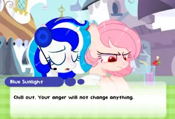 Size: 1024x696 | Tagged: safe, artist:be_yourself, derpibooru import, oc, oc:blue sunlight, oc:simy (siunocream nana), pegasus, pony, unicorn, angry, canterlot, chat bubble, duo, duo female, eyes closed, female, food, glass, horn, image, png, strawberry, table, talking