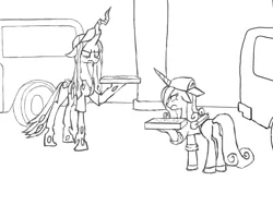 Size: 2000x1500 | Tagged: safe, artist:kabayo, derpibooru import, princess cadance, queen chrysalis, alicorn, changeling, changeling queen, pony, 60s spider-man, black and white, cadance's pizza delivery, cap, clothes, duo, female, folded wings, food, frown, grayscale, hat, image, looking at each other, looking at someone, mare, meme, monochrome, peetzer, pizza, pizza box, pizza delivery, png, ponified meme, simple background, white background, wings