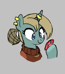 Size: 240x273 | Tagged: safe, artist:kabayo, derpibooru import, oc, unofficial characters only, pony, unicorn, aggie.io, bust, clothes, ear piercing, earring, female, gray background, hoof hold, horn, horn ring, image, jewelry, lowres, mare, piercing, png, ring, ruby, simple background, smiling, solo, sweater