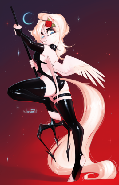 Size: 960x1487 | Tagged: suggestive, artist:vetamina, derpibooru import, oc, unofficial characters only, anthro, pegasus, unguligrade anthro, anthro oc, ass, backless, black eyeshadow, butt, choker, clothes, crescent moon, eyeshadow, female, flower, flower in hair, freckles, garter, hockless socks, image, latex, latex panties, latex stockings, looking back, makeup, moon, pegasus oc, png, raised hoof, raised leg, signature, smiling, socks, solo, solo female, spiked choker, spread wings, stars, stockings, tail, tail wrap, thigh highs, trident, wings