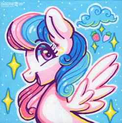 Size: 1759x1768 | Tagged: safe, artist:dandy, derpibooru import, oc, oc:strawberry dreamy, unofficial characters only, pegasus, pony, acrylic painting, female, image, looking at you, mare, open mouth, pegasus oc, png, smiling, solo, traditional art, wings