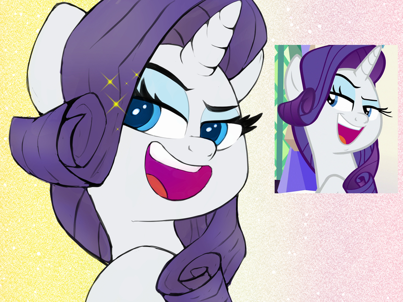 Size: 2000x1500 | Tagged: safe, artist:zokkili, derpibooru import, rarity, pony, unicorn, bust, female, gradient background, horn, image, jpeg, mare, open mouth, open smile, portrait, scene interpretation, screencap reference, smiling, smug, solo, sparkles