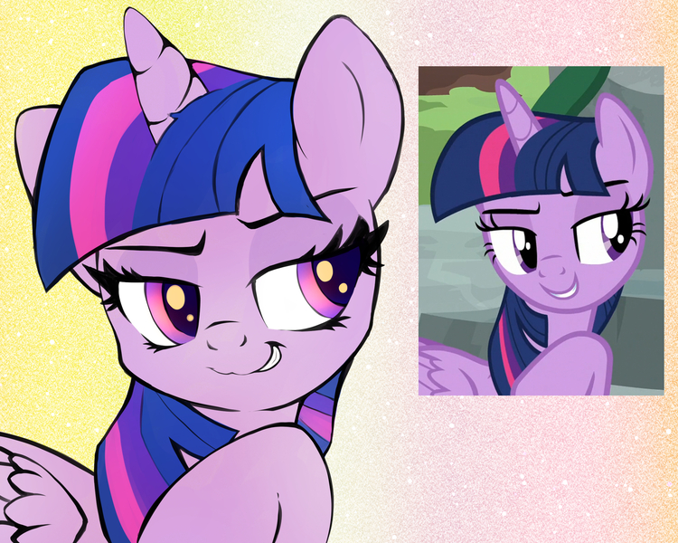 Size: 2500x2000 | Tagged: safe, artist:zokkili, derpibooru import, twilight sparkle, twilight sparkle (alicorn), alicorn, pony, bust, confident, female, folded wings, horn, image, jpeg, mare, portrait, scene interpretation, screencap reference, smiling, smug, solo, wings