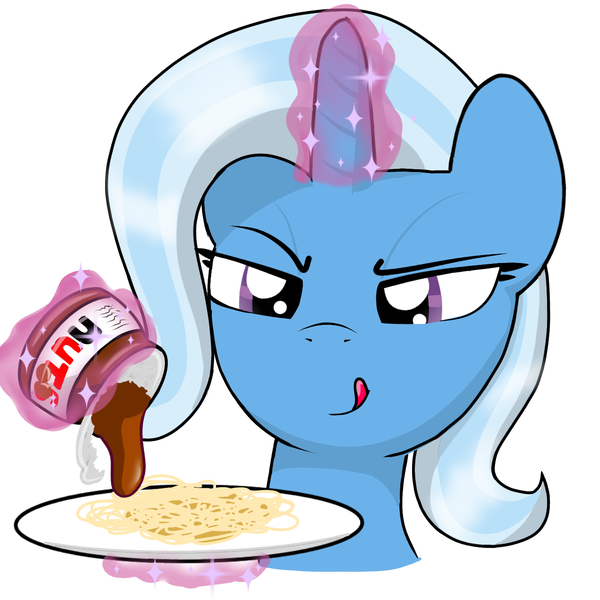 Size: 1280x1280 | Tagged: safe, artist:theuser, derpibooru import, trixie, pony, unicorn, food, image, licking, licking lips, magic, nutella, pasta, png, smiling, spaghetti, telekinesis, this will end in diarrhea, tongue out
