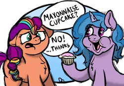 Size: 1786x1248 | Tagged: safe, artist:doodledonutart, derpibooru import, izzy moonbow, sunny starscout, earth pony, pony, unicorn, comic, cupcake, do not want, female, floppy ears, food, g5, image, mare, mayonnaise, messy eating, png, sauce