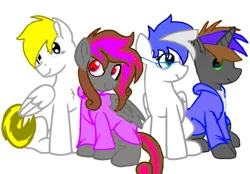 Size: 593x413 | Tagged: safe, derpibooru import, oc, oc:star carmel, unofficial characters only, pegasus, pony, unicorn, blue eyes, clothes, cute, folded wings, glasses, green eyes, group, hoodie, horn, image, looking at each other, looking at someone, male, pegasus oc, png, red eyes, simple background, stallion, unicorn oc, white background, wings