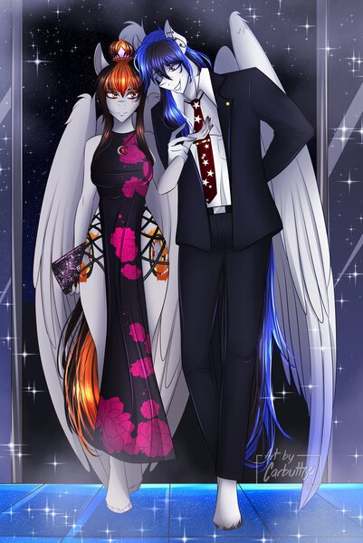 Size: 2000x2996 | Tagged: safe, artist:carbutt69, derpibooru import, oc, oc:cannon car, oc:snow storm, anthro, pegasus, clothes, couple, dress, elegant, heterochromia, holding hands, image, jewelry, jpeg, multicolored hair, necklace, scar, smiling, walking