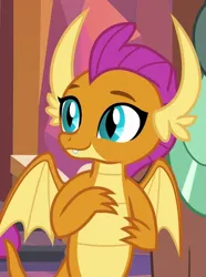 Size: 481x646 | Tagged: safe, derpibooru import, screencap, smolder, yona, dragon, yak, non-compete clause, cropped, cute, dragoness, female, image, partially open wings, png, smolderbetes, solo focus, wings
