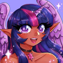 Size: 2048x2048 | Tagged: safe, artist:ashes-arts, derpibooru import, twilight sparkle, human, alicorn humanization, bare shoulders, blushing, bust, choker, clothes, dark skin, elf ears, female, gem, high res, horn, horned humanization, humanized, image, lipstick, looking at you, png, portrait, simple background, solo, sparkles, winged humanization, wings