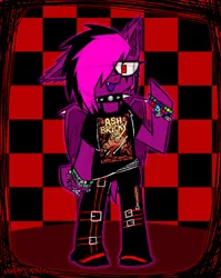 Size: 1620x2034 | Tagged: safe, artist:xxv4mp_g4z3rxx, derpibooru import, oc, oc:violet valium, bat pony, pony, ash bricky, bat pony oc, bat wings, bracelet, checkered background, clothes, collar, emo, eyeliner, fangs, female, image, jewelry, looking at you, makeup, mare, open mouth, pants, png, red eyes, shirt, signature, socks, solo, spiked belt, spiked collar, standing on two hooves, t-shirt, wave, wings