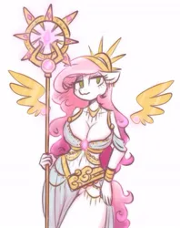 Size: 431x545 | Tagged: safe, artist:sugar morning, derpibooru import, oc, oc:sugar morning, unofficial characters only, anthro, pegasus, big breasts, breasts, cleavage, clothes, crown, dress, floating wings, image, jewelry, jpeg, lidded eyes, looking at you, midriff, regalia, solo, wasp waist, wings