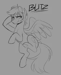 Size: 1504x1838 | Tagged: safe, artist:higgly-chan, derpibooru import, rainbow dash, pegasus, pony, bandaid, gray background, image, male, monochrome, png, rainbow blitz, raised hoof, rule 63, salute, simple background, sketch, solo, stallion, underhoof