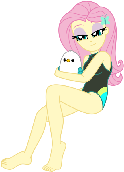 Size: 5224x7237 | Tagged: safe, artist:emeraldblast63, derpibooru import, fluttershy, bird, butterfly, insect, seagull, equestria girls, barefoot, cuddling, feet, fixed, g5, hairclip, image, png, simple background, smiling, solo, transparent background