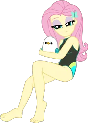 Size: 5224x7237 | Tagged: safe, artist:emeraldblast63, derpibooru import, fluttershy, bird, butterfly, insect, seagull, equestria girls, barefoot, cuddling, feet, fixed, g5, hairclip, image, png, simple background, smiling, solo, transparent background