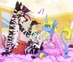 Size: 3274x2761 | Tagged: safe, artist:ralek, derpibooru import, oc, oc:alhazred, oc:art's desire, oc:teacup cake, unofficial characters only, anthro, fennec fox, fox, unicorn, zebra, bed, eyeshadow, furry, hairclip, horn, image, leonine tail, lipstick, makeup, nail polish, png, slumber party, tail, unshorn fetlocks