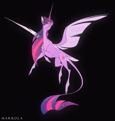 Size: 2509x2636 | Tagged: safe, artist:marbola, derpibooru import, twilight sparkle, twilight sparkle (alicorn), alicorn, pony, black background, female, image, leonine tail, mare, png, simple background, solo, spread wings, tail, tail feathers, wings