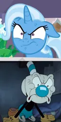 Size: 1078x2156 | Tagged: safe, derpibooru import, edit, edited screencap, screencap, trixie, pony, unicorn, season 9, student counsel, spoiler:s09, :c, >:c, angry, comparison, cuphead, frown, image, mugman, pacman eyes, png, shrunken pupils, the cuphead show