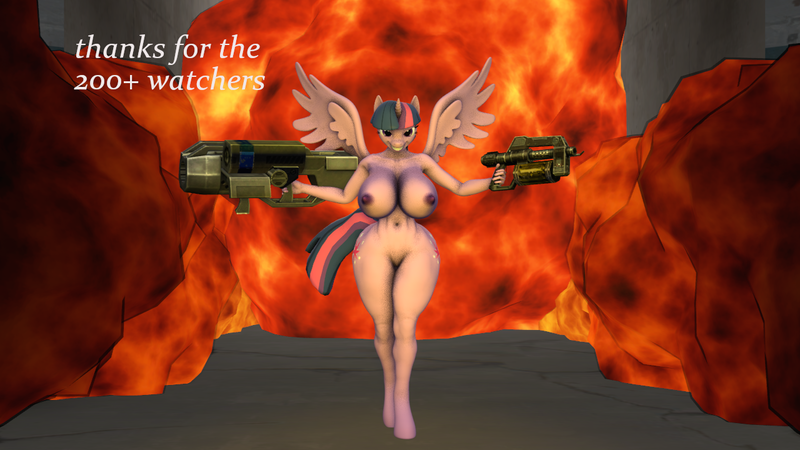 Size: 1280x720 | Tagged: questionable, artist:warhammer50k, derpibooru import, twilight sparkle, alicorn, anthro, plantigrade anthro, 3d, badass, big breasts, breasts, busty twilight sparkle, deviantart, evil grin, explosion, flamethrower, grin, huge breasts, image, looking at you, nipples, nudity, png, rocket launcher, smiling, source filmmaker, spread wings, walking towards you, weapon, wings