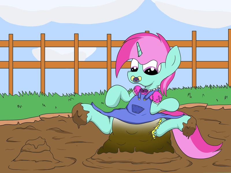 Size: 2400x1800 | Tagged: questionable, artist:amateur-draw, derpibooru import, oc, oc:belle boue, pony, unicorn, adult foal, covered in mud, crossdressing, denim, denim dress, diaper, diaper fetish, fetish, image, male, messy diaper, mud, mud bath, mud play, mud pony, muddy, pacifier, png, puff sleeves, sissy, solo, stallion, wet and messy