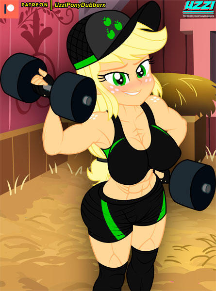 Size: 445x600 | Tagged: suggestive, artist:uzzi-ponydubberx, derpibooru import, applejack, equestria girls, blushing, breasts, busty applejack, clothes, commission, dumbbell (object), female, fitness, gym shorts, gym uniform, image, jpeg, looking at you, muscles, muscular female, smiling, sports, sweet apple acres, weights