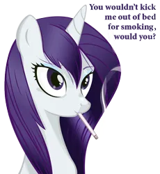 Size: 650x708 | Tagged: safe, artist:johnjoseco, derpibooru import, rarity, pony, unicorn, cigarette, dialogue, eyeshadow, female, horn, image, loose hair, makeup, mare, png, simple background, smiling, smoke, smoking, text, transparent background, wet, wet hairity, wet mane, wet mane rarity, wrong eye color