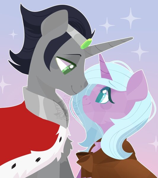 Size: 799x900 | Tagged: safe, artist:snow angel, derpibooru import, idw, king sombra, radiant hope, pony, unicorn, female, gradient background, image, jpeg, lidded eyes, looking at each other, looking at someone, male, mare, reformed sombra, smiling, stallion, straight