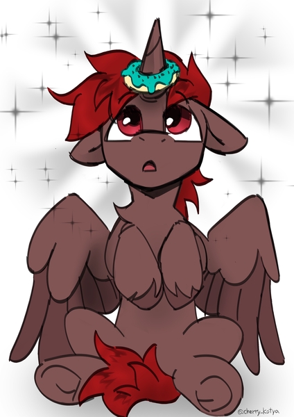 Size: 2480x3508 | Tagged: safe, artist:cherry_kotya, derpibooru import, oc, oc:hardy, alicorn, pony, alicorn oc, donut, food, horn, image, jpeg, male, sitting, solo, stallion, wings