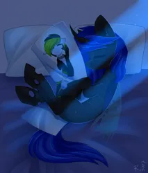 Size: 1700x2000 | Tagged: safe, alternate version, artist:rinteen, derpibooru import, oc, oc:blue visions, changeling, earth pony, pony, bed, bedsheets, blue changeling, body pillow, commission, hug, image, night, pillow, pillow hug, png, sleeping, ych result