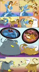 Size: 3000x5566 | Tagged: semi-grimdark, suggestive, artist:triksa, derpibooru import, gabby, gilda, oc, oc:katojana, oc:triksa, gryphon, abdominal bulge, belly, belly bed, big belly, burp, comic, crying, death, digestion, flying, furry, furry oc, grabbing, huge belly, image, impossibly large belly, internal, melting, melty digestion, pinned, png, skull, stealing, stomach noise, swallowing, unwilling, unwilling prey, vore