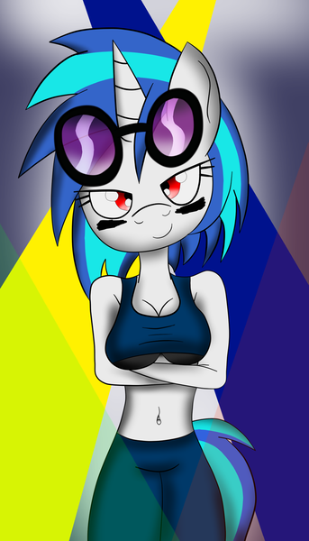 Size: 1024x1793 | Tagged: safe, artist:lunahazacookie, derpibooru import, vinyl scratch, anthro, unicorn, abstract background, clothes, colored, female, image, midriff, png, sports bra, sunglasses