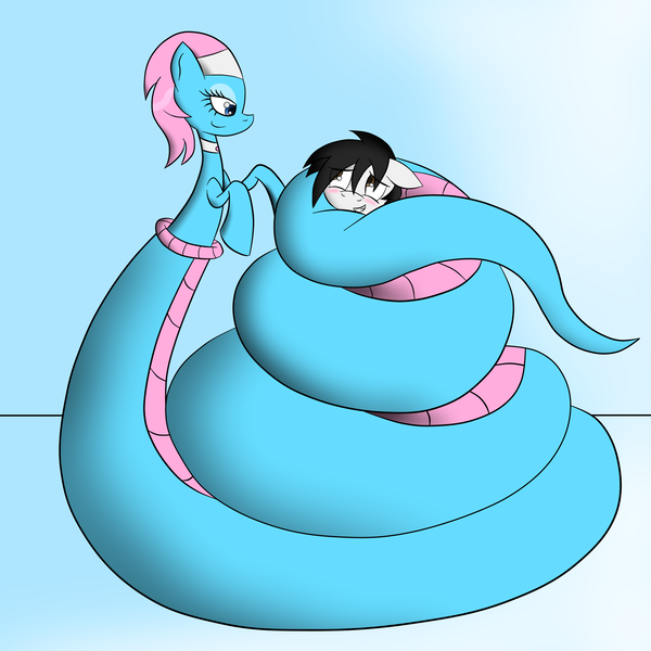 Size: 2000x2000 | Tagged: safe, artist:lunahazacookie, derpibooru import, lotus blossom, oc, earth pony, lamia, original species, pony, coils, duo, earth pony oc, image, lamiafied, png, smiling, species swap, wrapped up