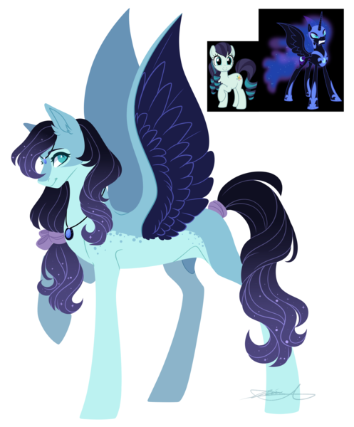 Size: 1446x1744 | Tagged: safe, artist:purplegrim40, derpibooru import, coloratura, nightmare moon, oc, unofficial characters only, alicorn, pegasus, pony, crack ship offspring, ethereal mane, female, hoof shoes, image, jewelry, magical lesbian spawn, mare, necklace, offspring, parent:coloratura, parent:nightmare moon, pegasus oc, peytral, png, smiling, starry mane, wings