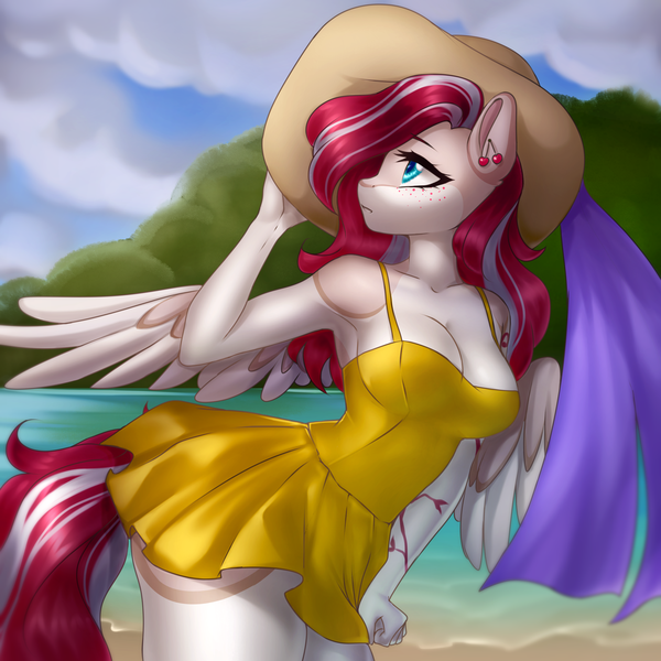 Size: 5000x5000 | Tagged: safe, artist:yutakira92, derpibooru import, oc, oc:cherry heart, unofficial characters only, anthro, pegasus, beach, blue eyes, cherry, clothes, colored wings, cutie mark, day, ear piercing, earring, female, food, freckles, hat, image, jewelry, looking sideways, looking to the left, looking up, pattern, piercing, png, red hair, ribbon, sideways glance, skirt swimsuit, solo, solo female, spread wings, sun hat, swimsuit, tail, tan coat, two toned mane, two toned tail, two toned wings, water, wings, yellow swimsuit