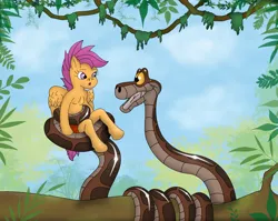 Size: 2982x2368 | Tagged: safe, artist:kinipharian, derpibooru import, scootaloo, anthro, pegasus, snake, unguligrade anthro, arm hooves, coils, crossover, duo, female, image, kaa, male, mowgli, png, smiling, the jungle book