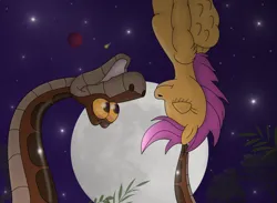 Size: 3331x2436 | Tagged: safe, artist:kinipharian, derpibooru import, scootaloo, anthro, pegasus, snake, crossover, full moon, image, kaa, moon, mowgli, outdoors, png, stars, the jungle book, upside down