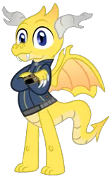Size: 519x830 | Tagged: safe, artist:ponygamer2020, derpibooru import, oc, oc:scribe scales, unofficial characters only, dragon, fallout equestria, blue eyes, claws, clothes, crossed arms, fallout, gift art, horn, image, jumpsuit, male, pipboy, png, request, simple background, smiling, solo, tail, transparent background, vault suit, vector, wings