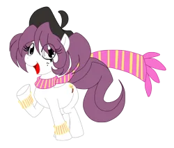 Size: 1400x1192 | Tagged: safe, artist:animewave, artist:animewave-neo, derpibooru import, oc, unofficial characters only, earth pony, pony, :d, beret, clothes, earth pony oc, eye clipping through hair, freckles, hat, image, open mouth, open smile, png, scarf, simple background, smiling, solo, transparent background, underhoof