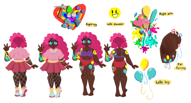 Size: 800x432 | Tagged: safe, artist:windywendy29, derpibooru import, pinkie pie, human, alternate hairstyle, barefoot, belly button, belly piercing, bellyring, bra, bracelet, chubby, clothes, commission, cutie mark tattoo, dark skin, ear piercing, earring, eyebrow piercing, feet, female, fishnets, humanized, image, jewelry, necklace, nose piercing, nose ring, panties, piercing, png, purple underwear, red underwear, reference sheet, shirt, shoes, simple background, skirt, sneakers, socks, solo, stockings, t-shirt, tattoo, thigh highs, transparent background, underwear