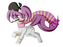 Size: 1422x1057 | Tagged: safe, artist:animewave, derpibooru import, oc, unofficial characters only, earth pony, pony, beret, clothes, earth pony oc, eye clipping through hair, female, hat, image, mare, paintbrush, png, raised hoof, scarf, simple background, solo, transparent background