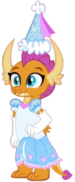 Size: 438x1064 | Tagged: safe, artist:darlycatmake, derpibooru import, edit, smolder, dragon, clothes, cute, dragon tail, dragon wings, dragoness, dress, female, froufrou glittery lacy outfit, gloves, happy, hat, hennin, image, jpeg, long gloves, princess, princess smolder, proud, smiling, smolderbetes, tail, wings
