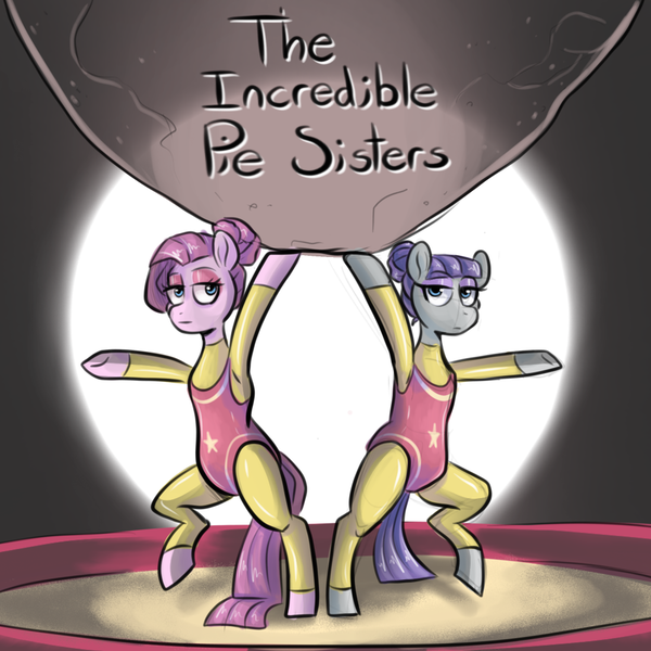 Size: 1000x1000 | Tagged: safe, artist:smirk, derpibooru import, maud pie, pinkie pie, semi-anthro, boulder, circus, clothes, colored sketch, cover, cover art, duo, eyeshadow, fake, female, hair bun, image, makeup, pinkamena diane pie, png, siblings, sisters