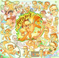 Size: 2048x2005 | Tagged: safe, artist:千雲九枭, derpibooru import, applejack, spirit of hearth's warming past, winona, bird, chicken, cow, pig, pony, apple, applejack's hat, applejewel, bass guitar, chef's hat, clothes, cowboy hat, dress, food, gala dress, hat, image, jam, jpeg, lasso, musical instrument, pie, rainbow power, rope, zap apple, zap apple jam