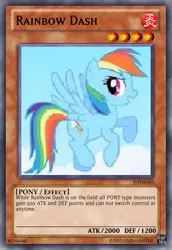 Size: 419x610 | Tagged: safe, artist:animanster, derpibooru import, rainbow dash, pegasus, pony, card, cloud, female, flying, image, jpeg, mare, multicolored hair, rainbow hair, sky, smiling, spread wings, text, wings, yu-gi-oh!
